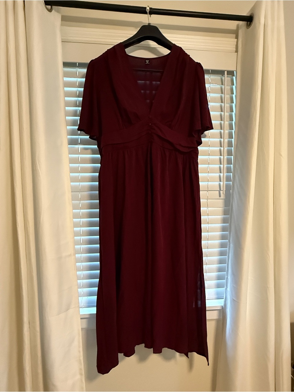 SHEIN Wine Red V-Neck Flutter Sleeve Midi Dress